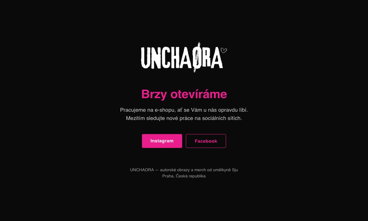 UNCHAORA — e-shop pro umělkyni, stránka s logem a textem Brzy otevíráme